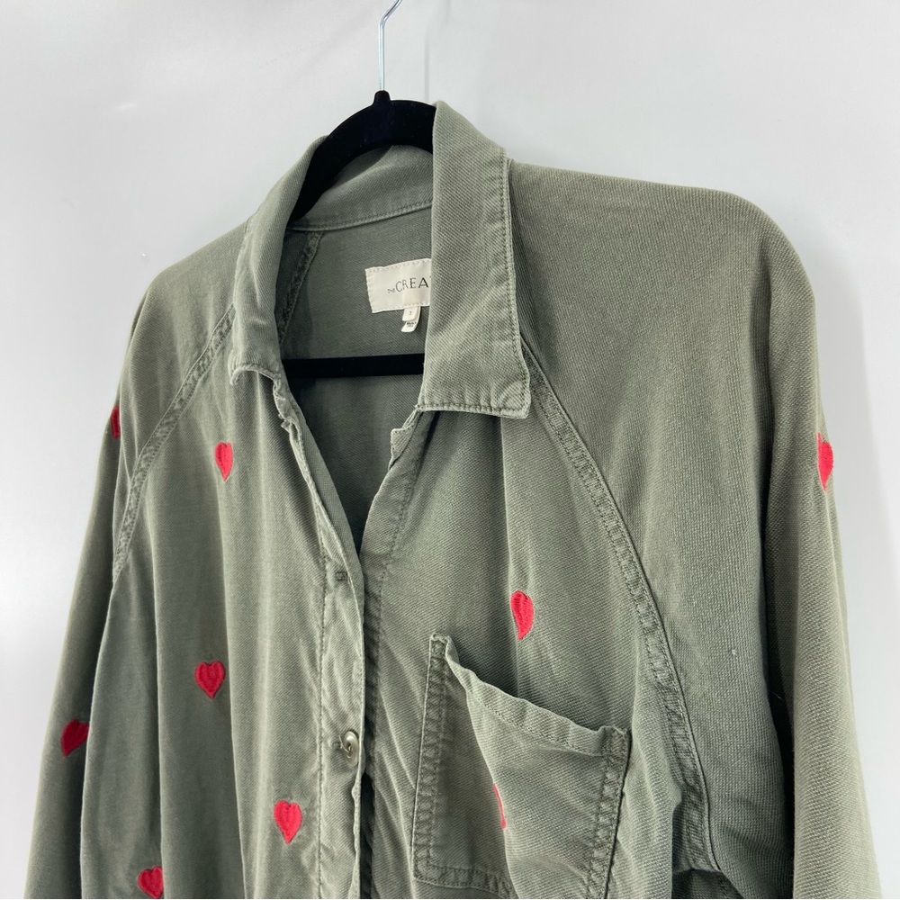 THE GREAT. Olive Green Utility Jacket with Red Heart Embroidery - Picture 3 of 9